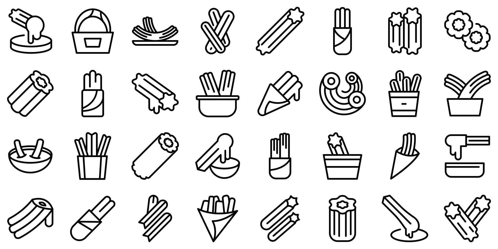 iconos de churros establecer vector de contorno. chocolate mexicano