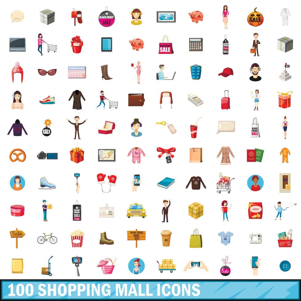 100 shopping mall icons set, cartoon style vector