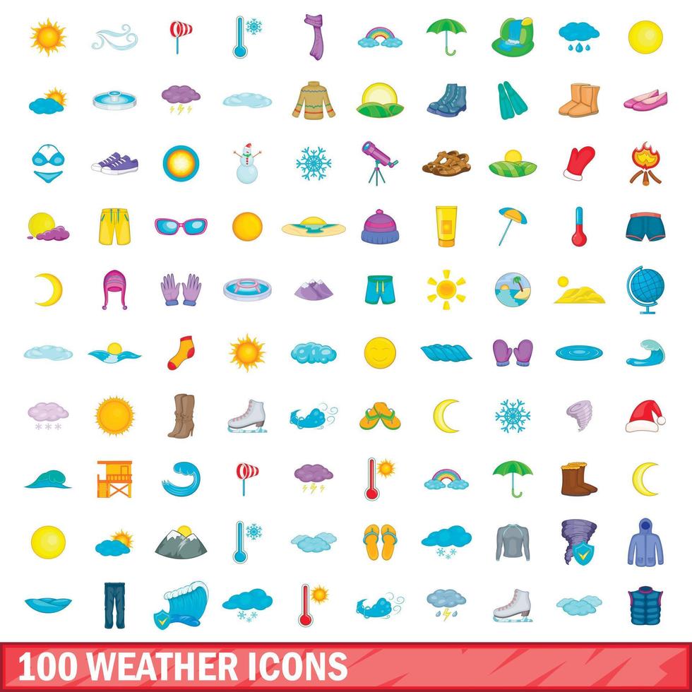 100 iconos meteorológicos, estilo de dibujos animados vector