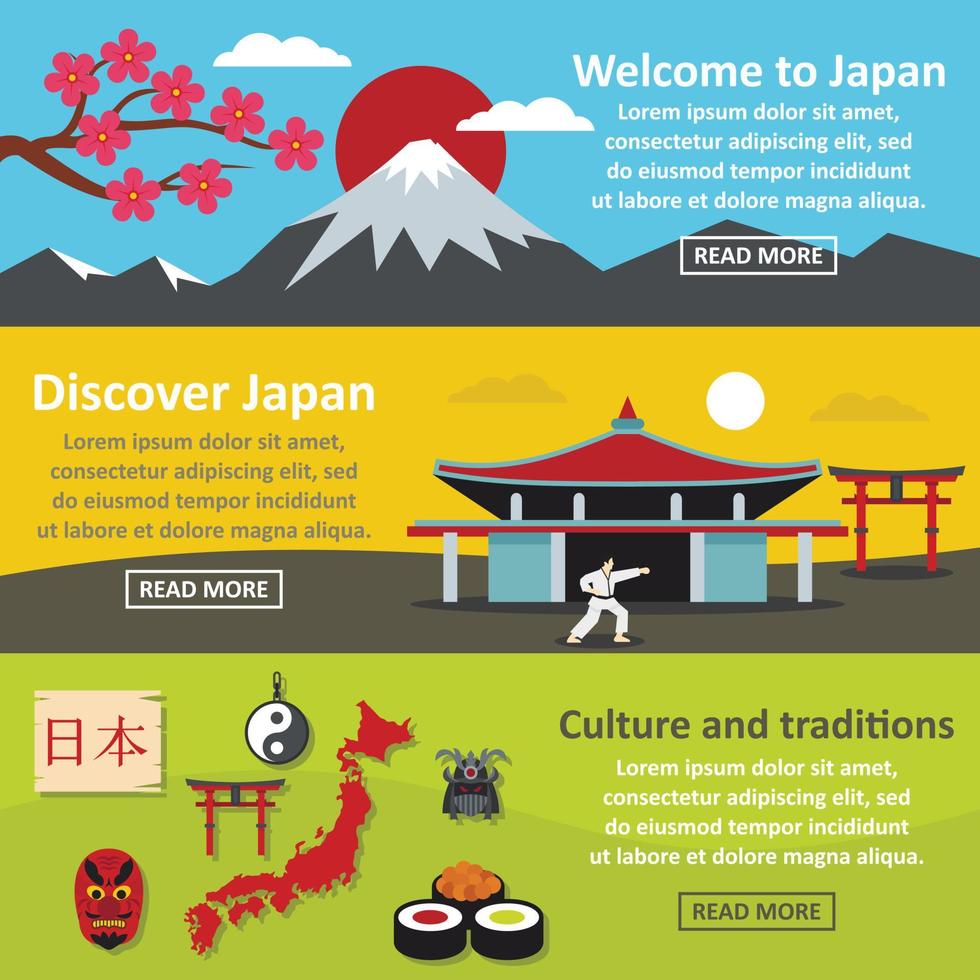 Japan landscape banner horizontal set, flat style vector