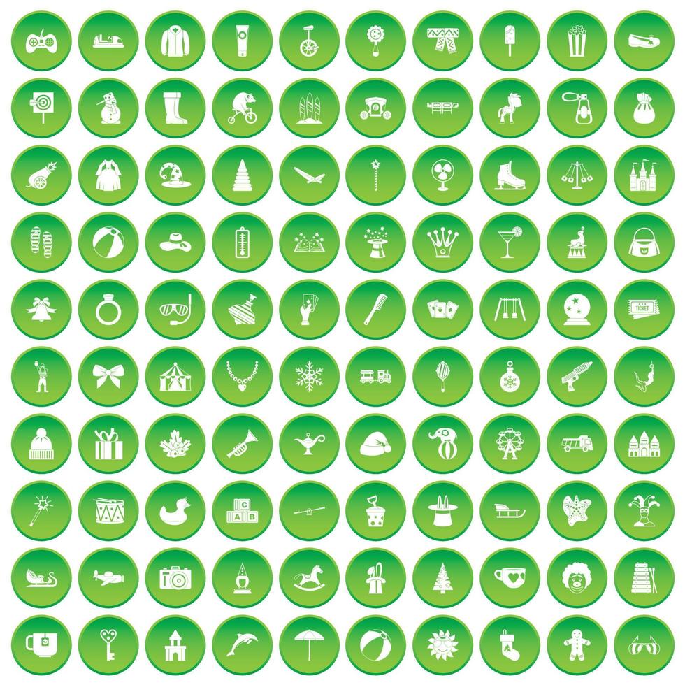 100 children icons set green circle vector