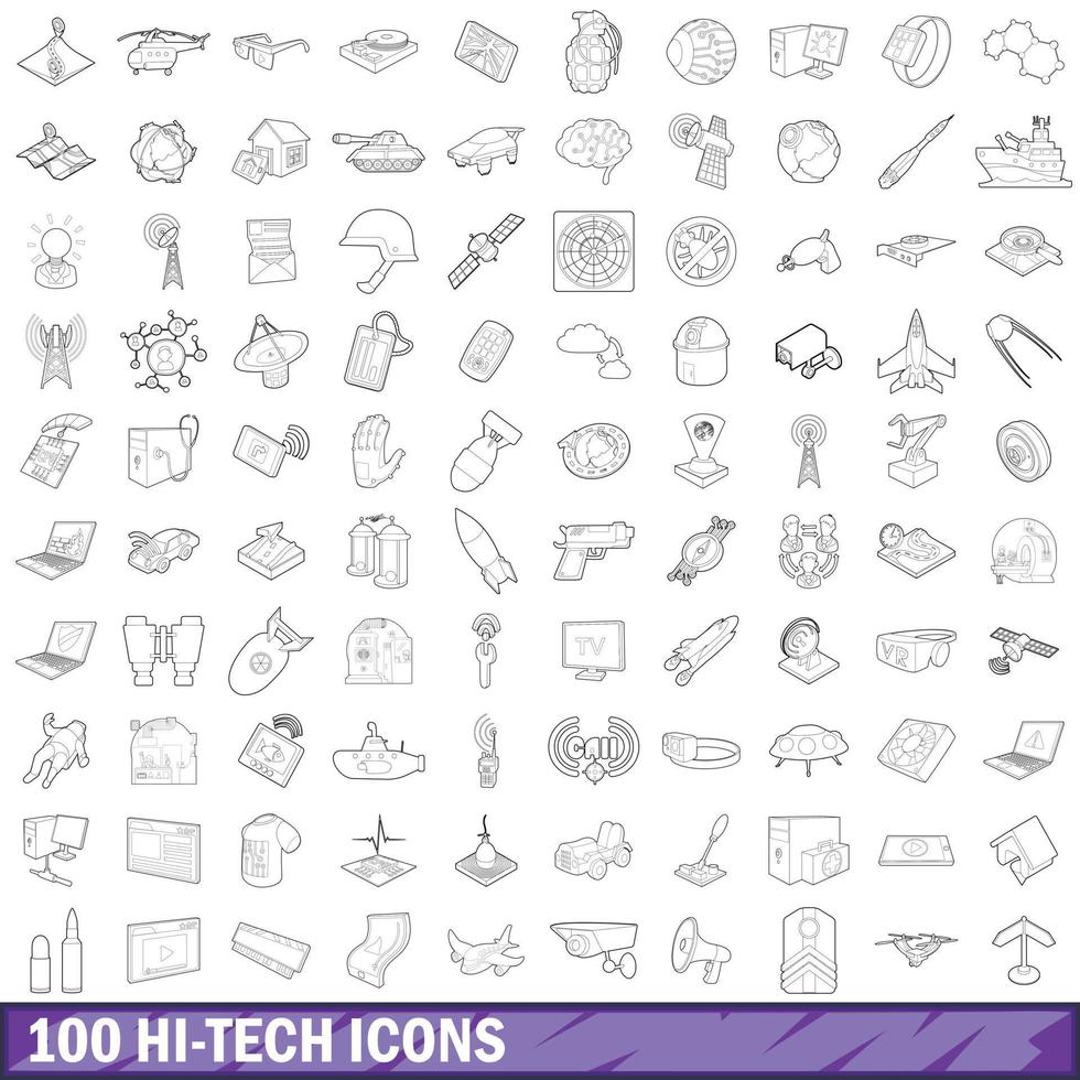 100 hi-tech icons set, outline style vector