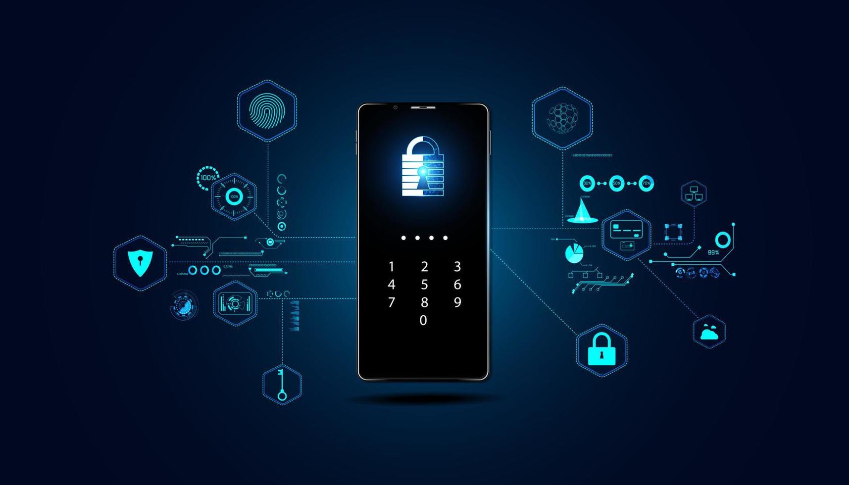 Abstract technology cyber security privacy information network concept padlock code on phone protection digital network internet link on hi tech blue future background vector