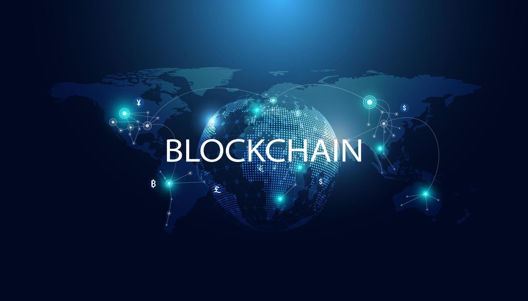 Abstract blockchain technology cryptocurrency and fintech world map connection crypto operations Connect block, data transmission, new technology system, Vector illustration.