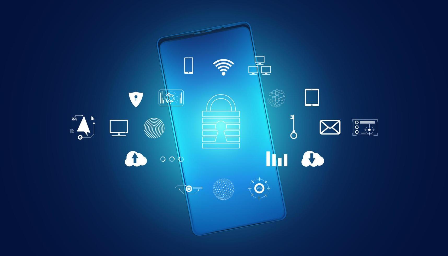 seguridad cibernética abstracta con concepto de teléfono e íconos y sistemas de protección de datos de Internet que importan o salen de varios dispositivos. vector