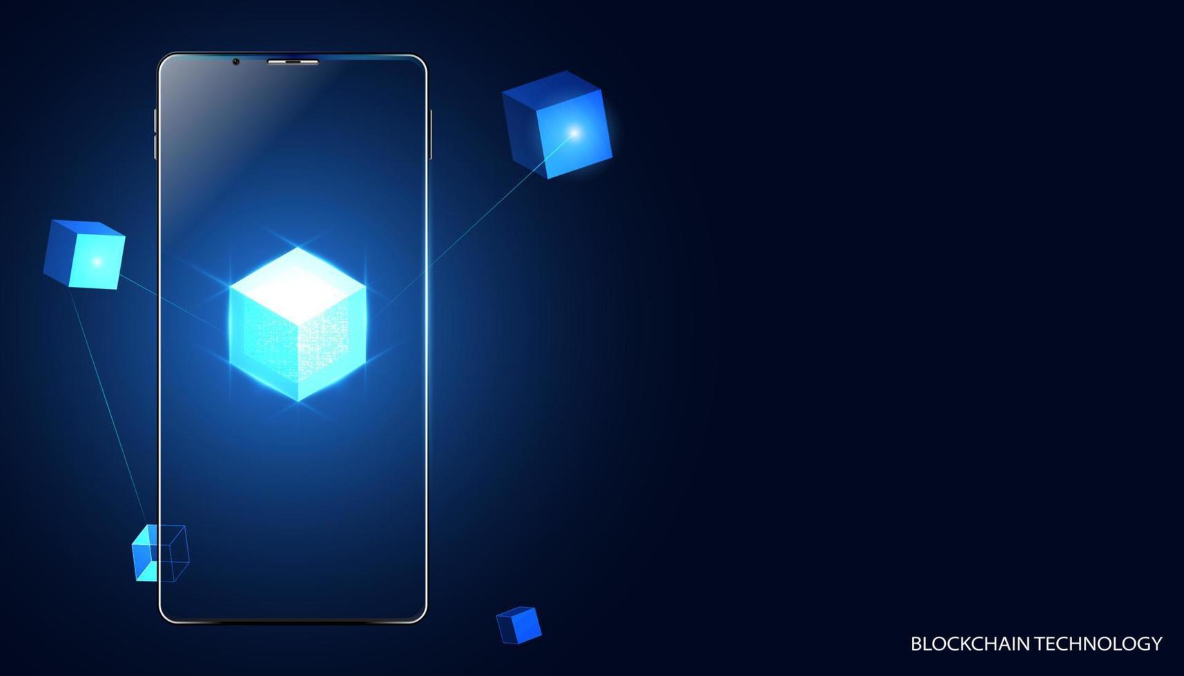Abstract blockchain technology cryptocurrency and fintech square cube  and phone crypto operations Connect block, data transmission, new technology system, Vector illustration.