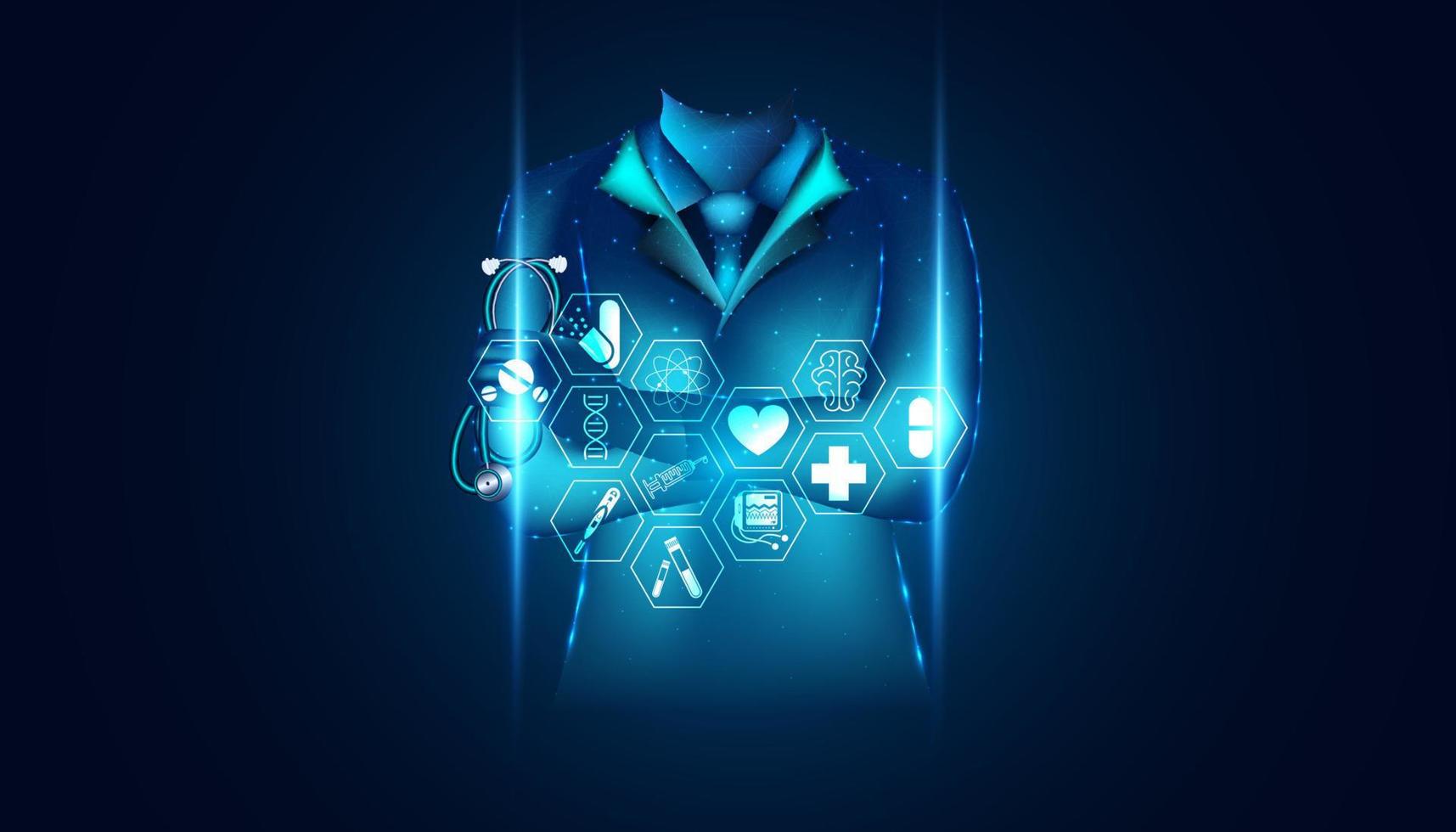 médico abstracto concepto de interfaz digital y holograma análisis de datos médicos en forma visual futuro moderno, medicina que utiliza inteligencia artificial en el procesamiento y tratamiento del futuro. vector