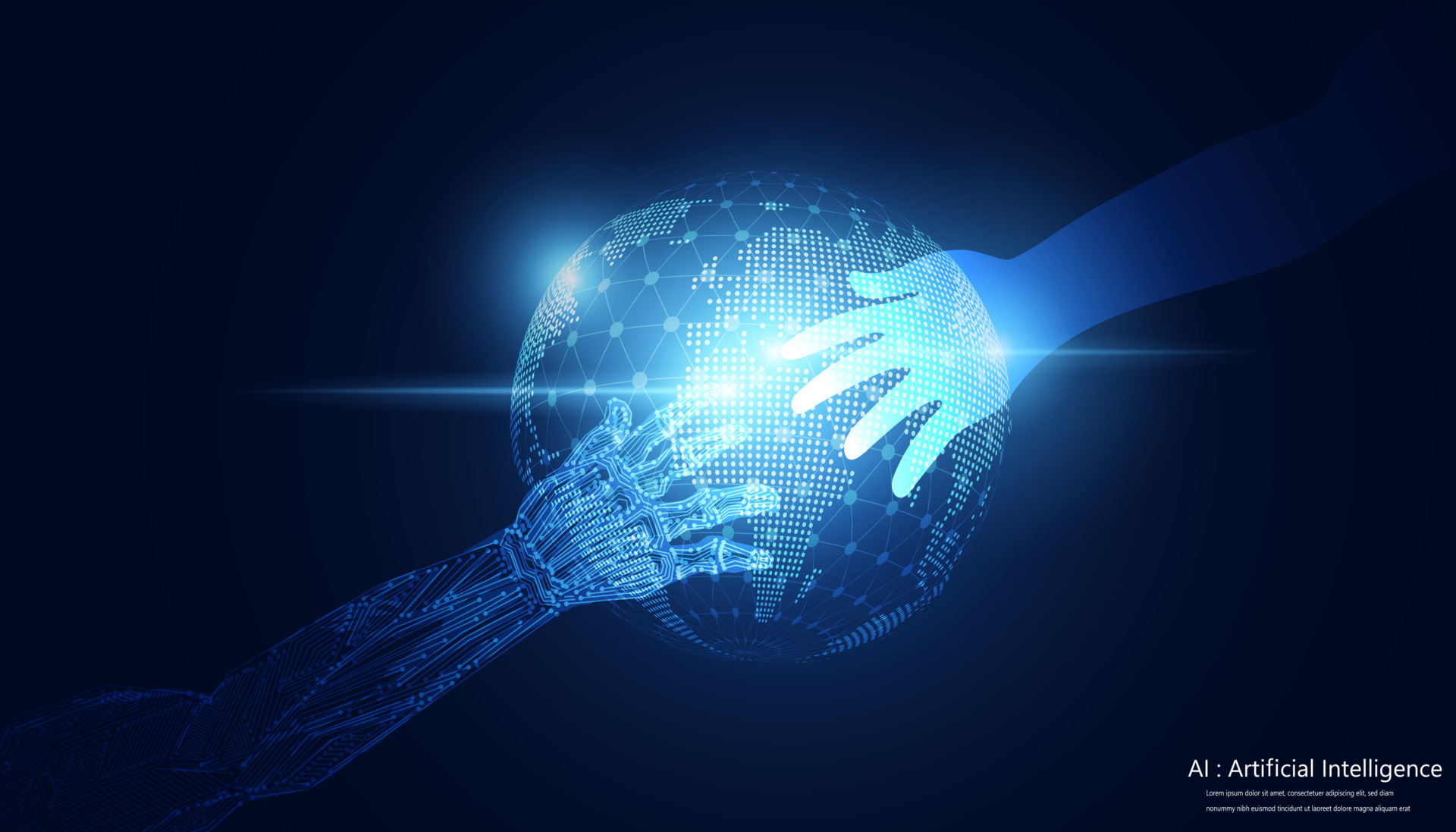 Abstract, a robotic hand and a human hand, join forces to create new