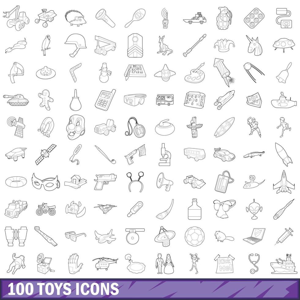 100 juguetes, conjunto de iconos de estilo de esquema vector