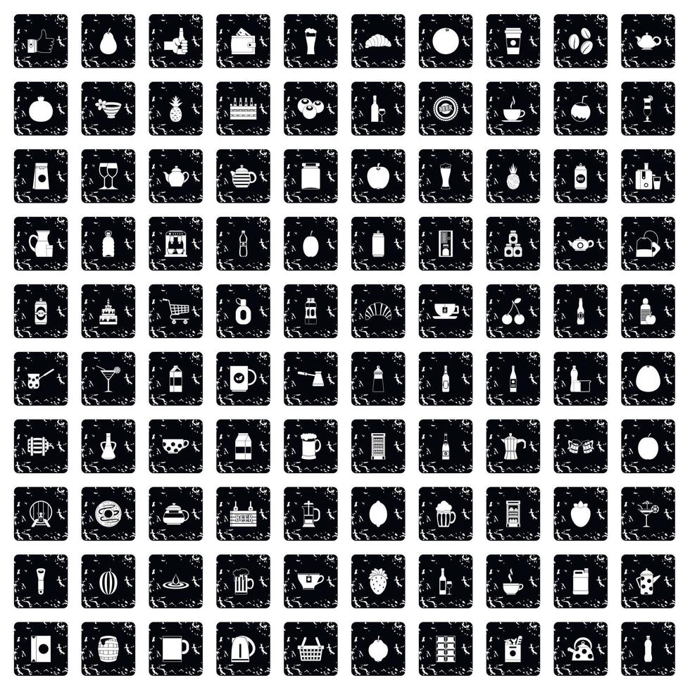 100 beverage icons set, grunge style vector