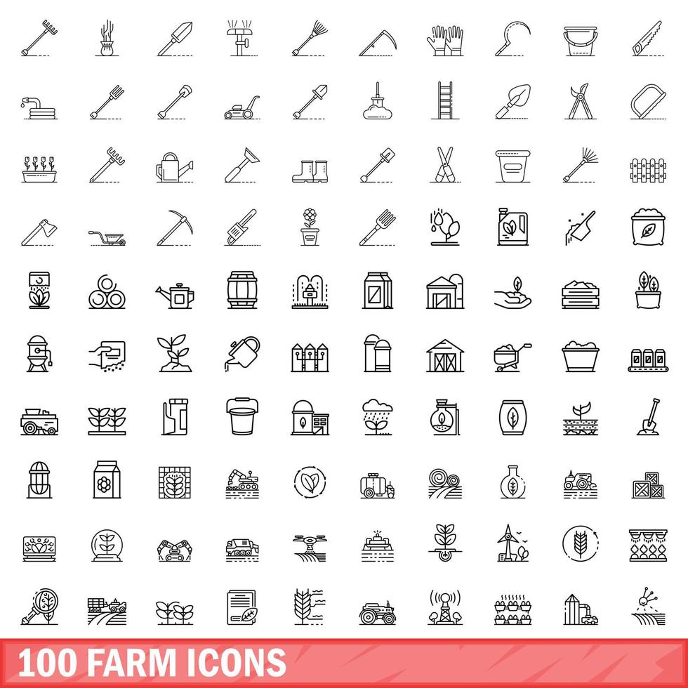 100 farm icons set, outline style vector