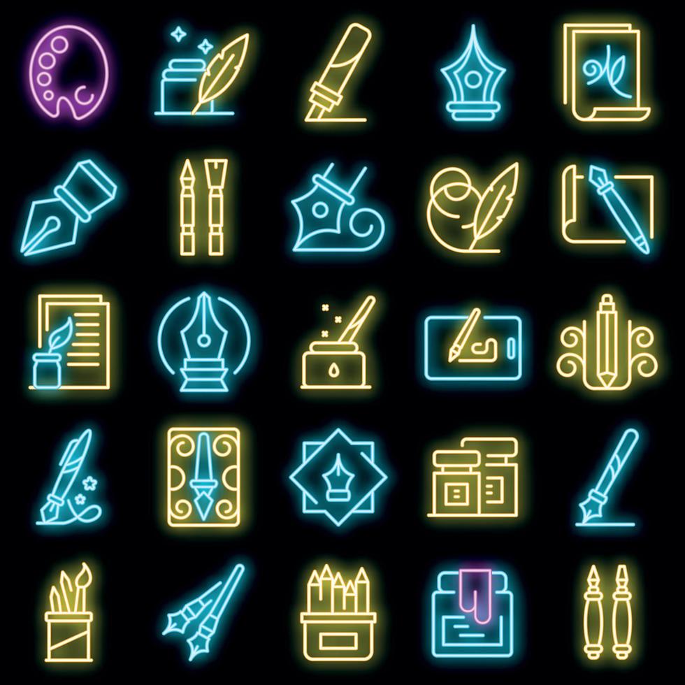 Calligraphy tools icons set vector neon