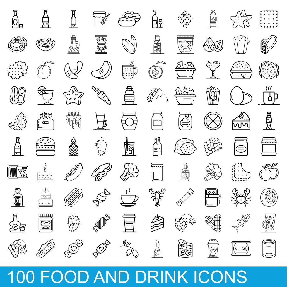 100 food and drink icons set, outline style vector