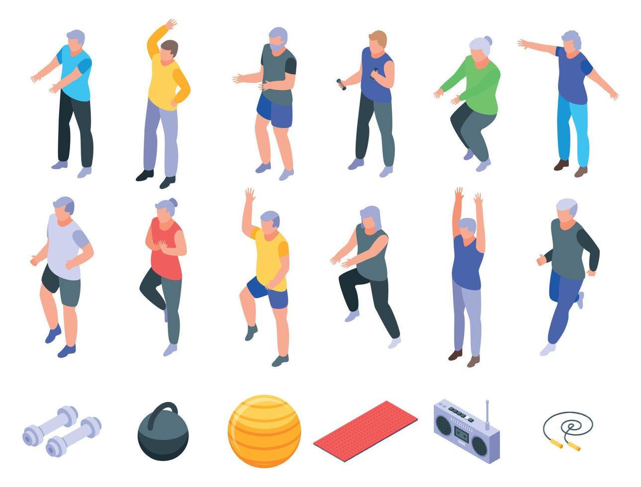 Workout seniors icons set, isometric style vector