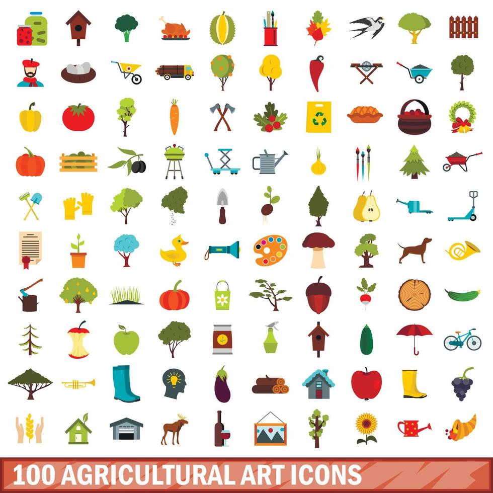 100 agricultural art icons set, flat style vector