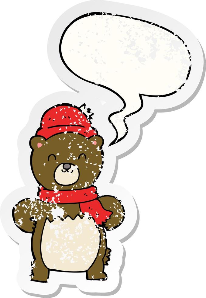 cute cartoon bear and speech bubble distressed sticker vector