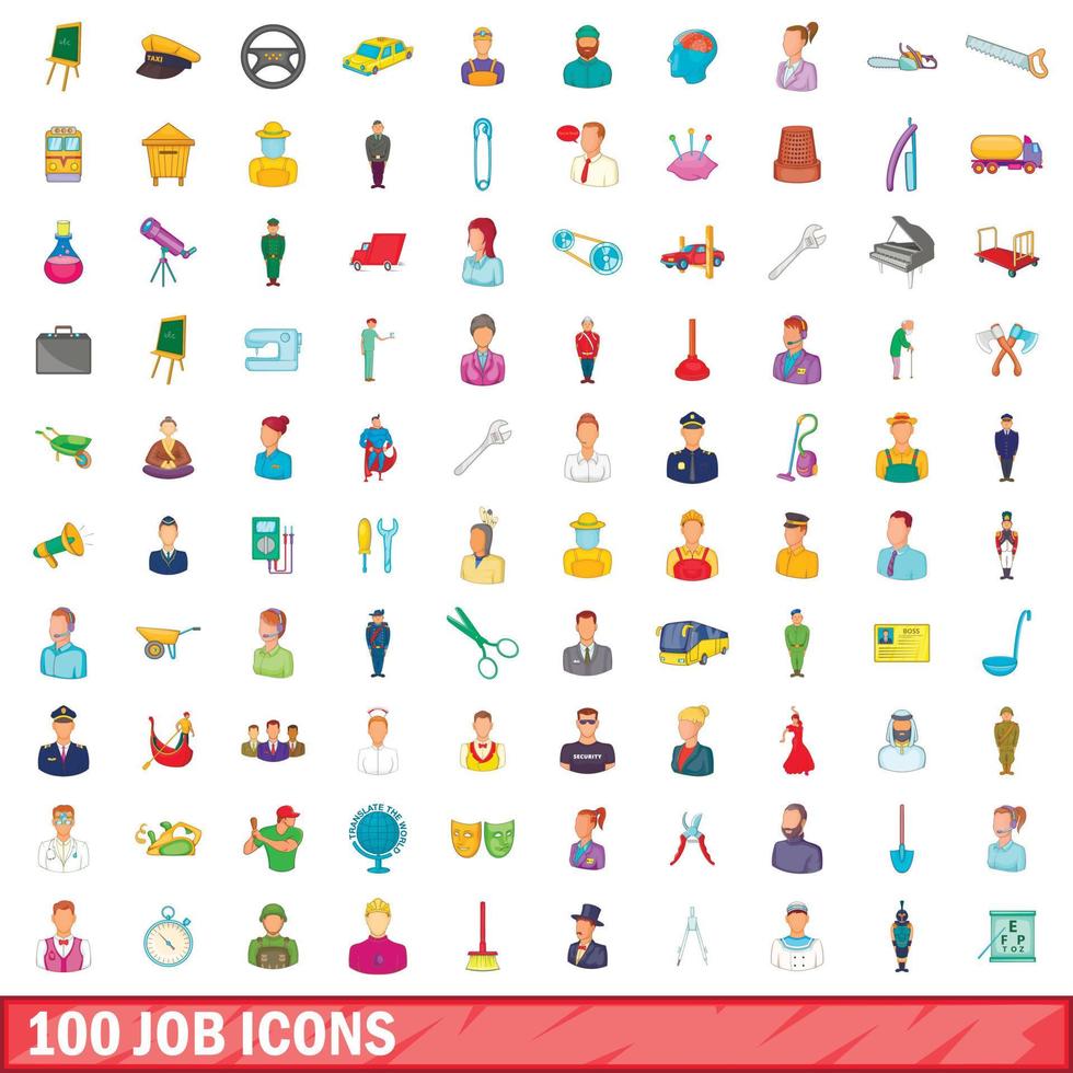 100 iconos de trabajo, estilo de dibujos animados vector