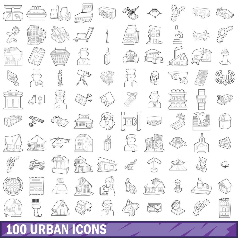 100 iconos urbanos, estilo de esquema vector