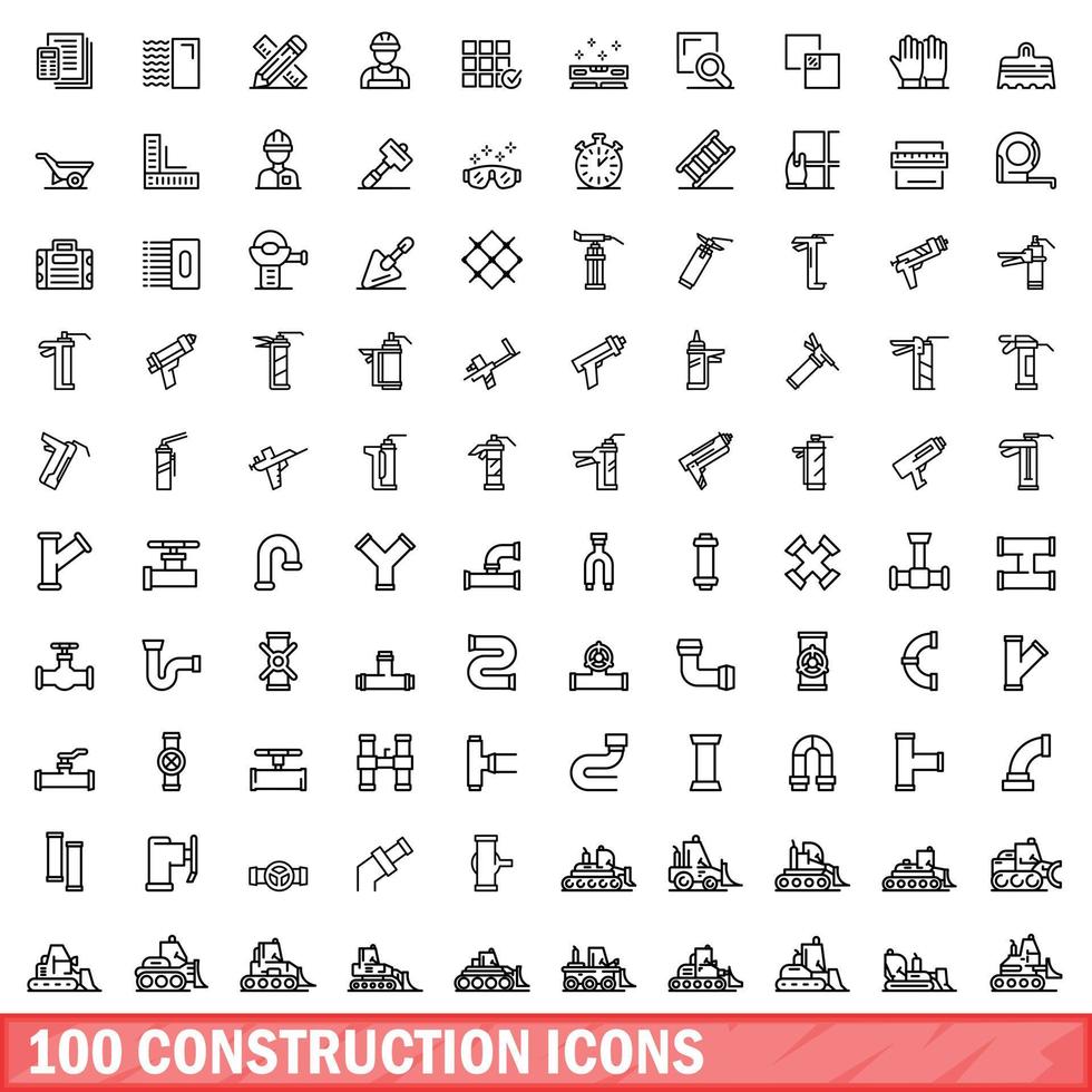 100 construction icons set, outline style vector