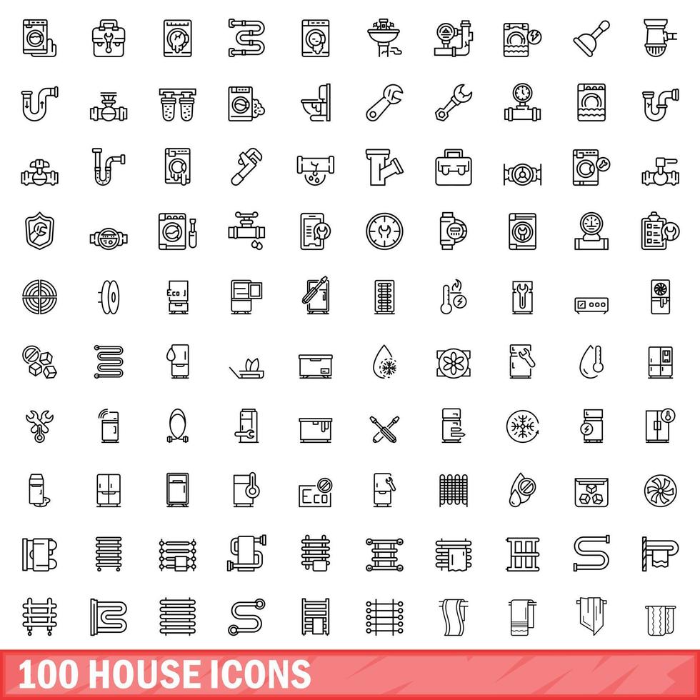 100 house icons set, outline style vector