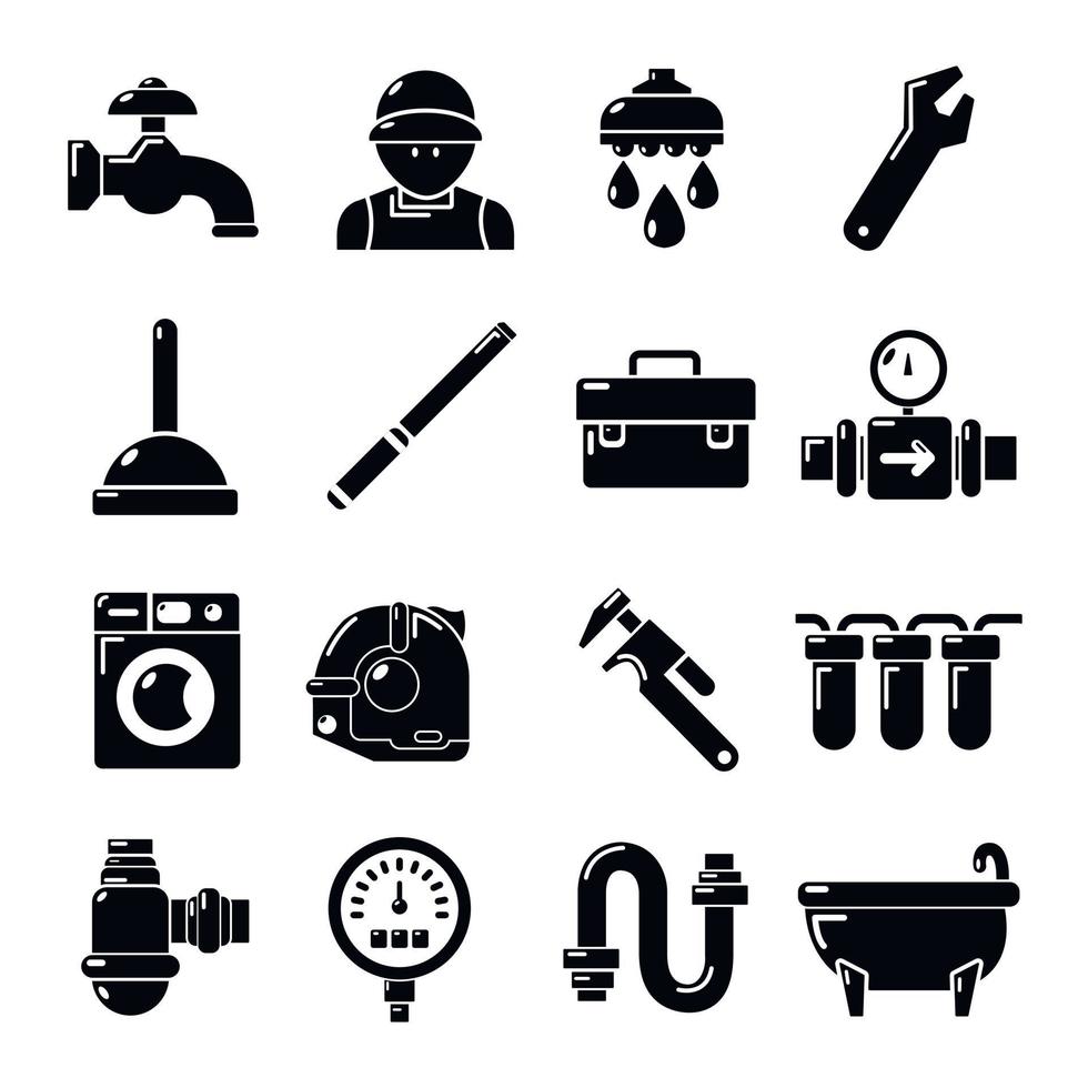 Plumber symbols icons set, simple style vector