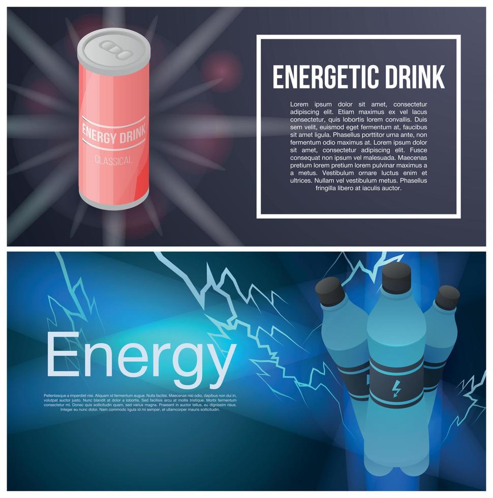 Energetic drink banner set, isometric style vector