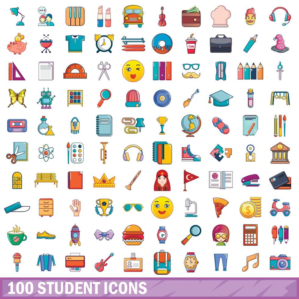 100 student icons set, cartoon style vector