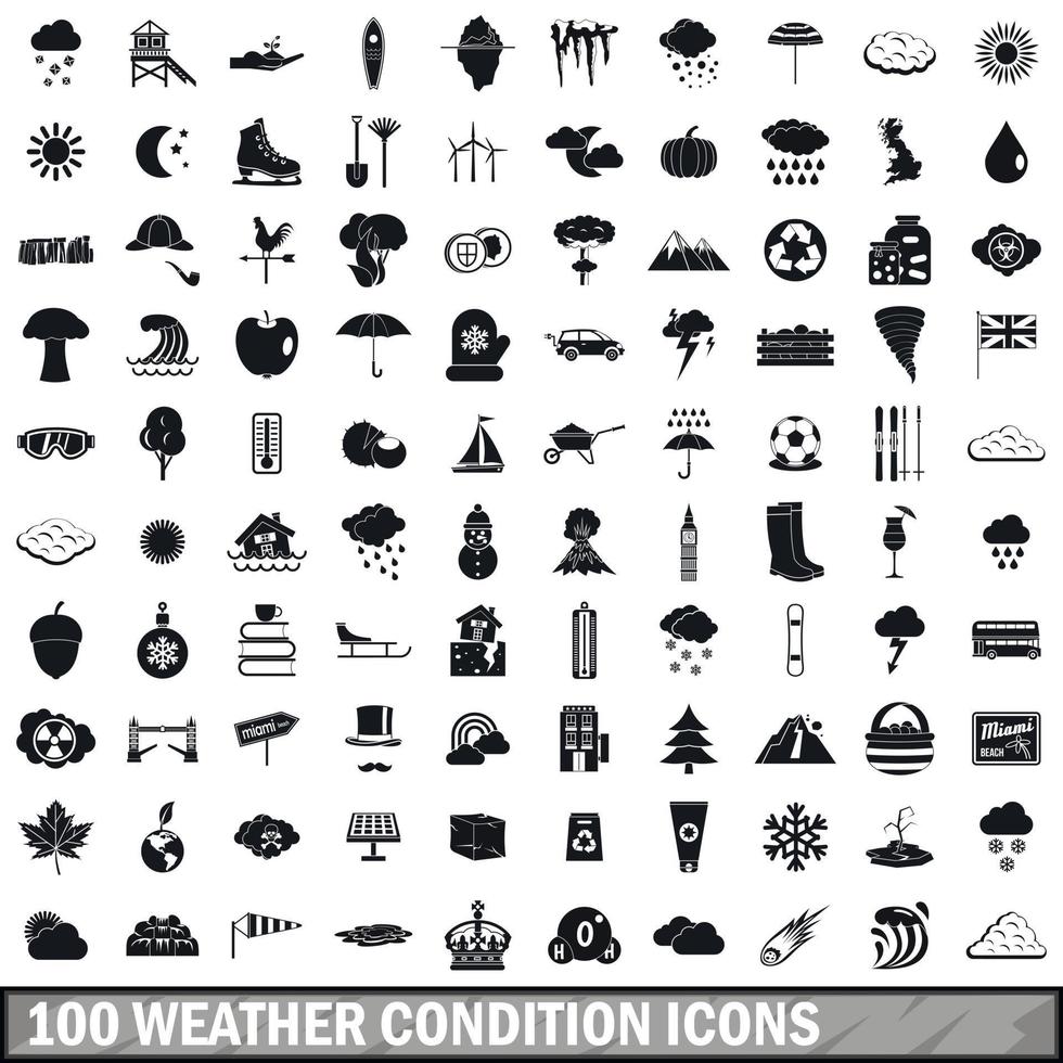 100 weather condition icons set, simple style vector