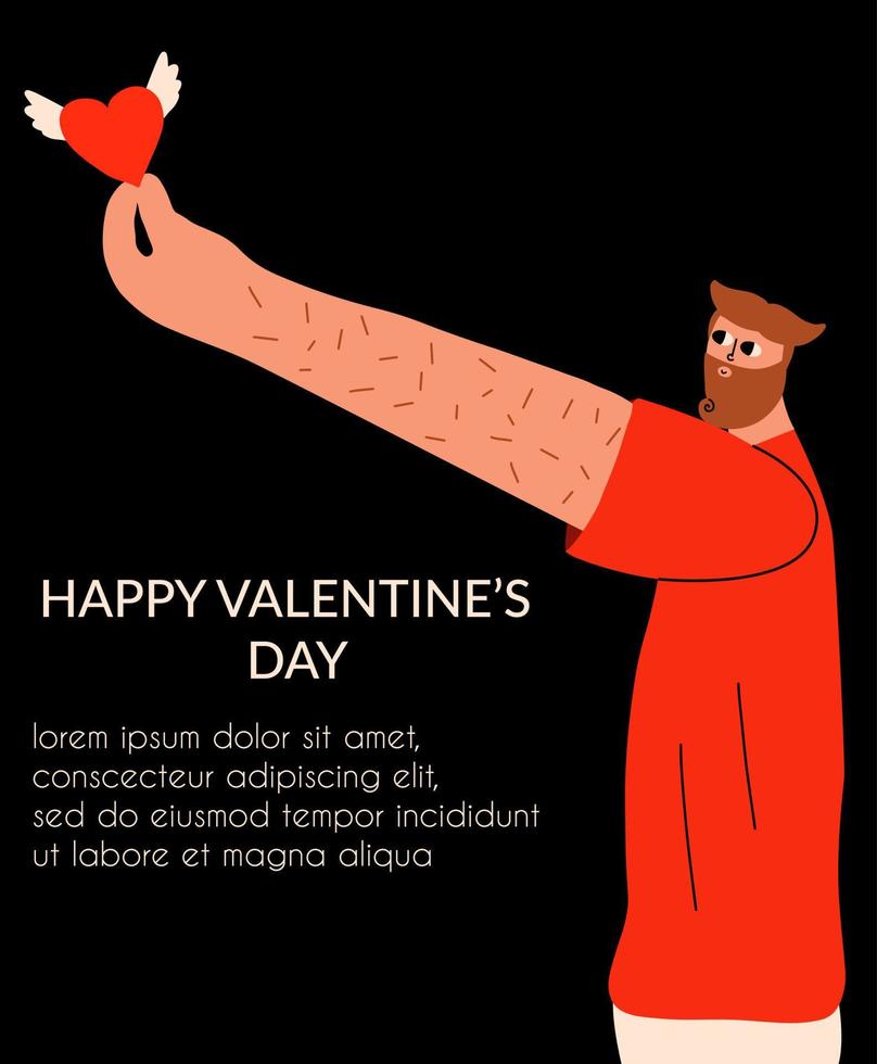 A bearded cute man holding a heart with wings in his hand. Romantic vertical Valentine's Day card. Vector hand drawing illustration.