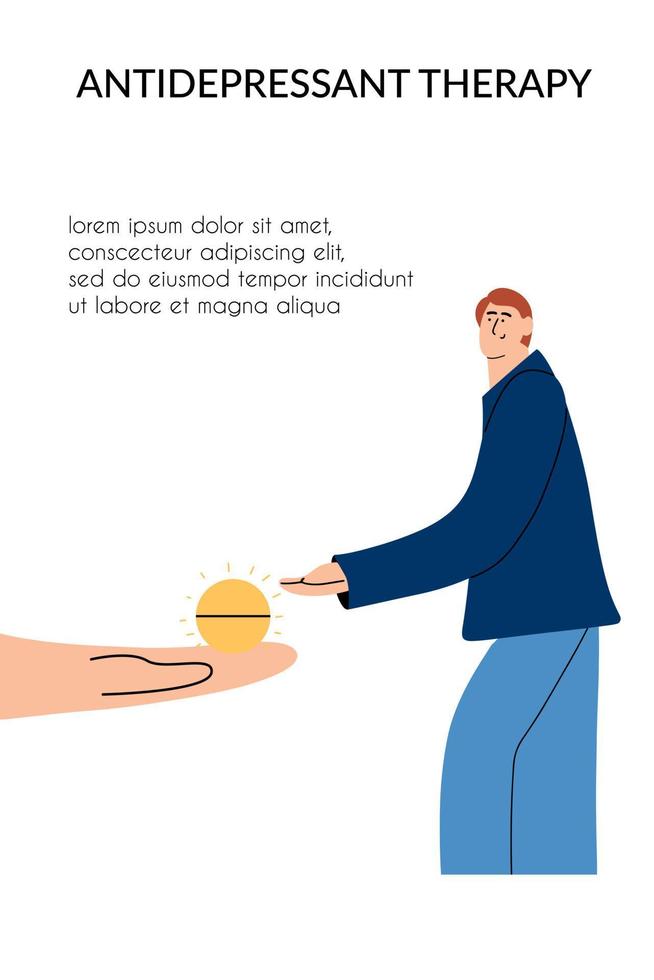 Antidepressant medical therapy concept for depression. The man reaches for the sun pill. Vector illustration.