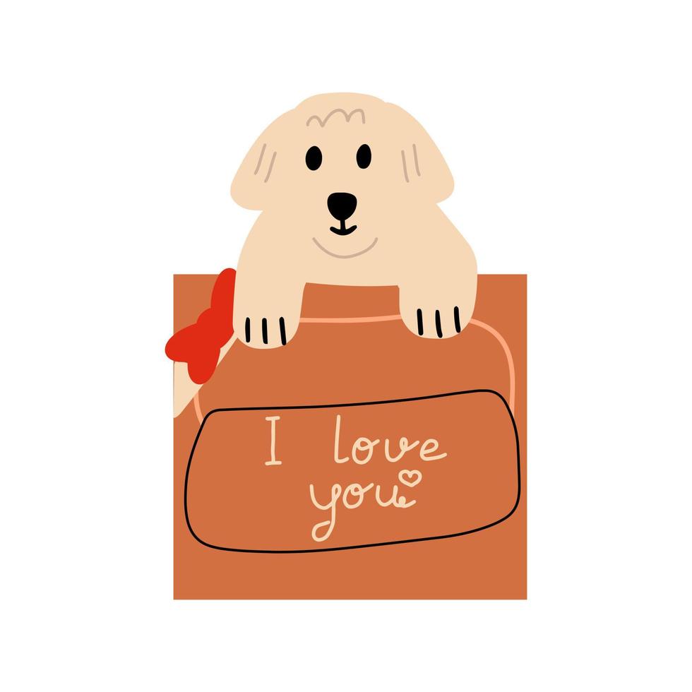Little labrador puppy in a box. Vector illustration of hand drawing style.