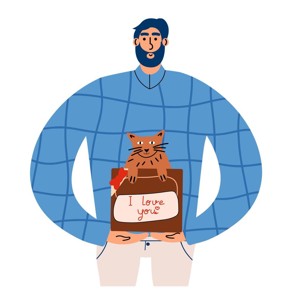 A man with a box with a cat. Valentine's day character. Vector hand drawing illustration