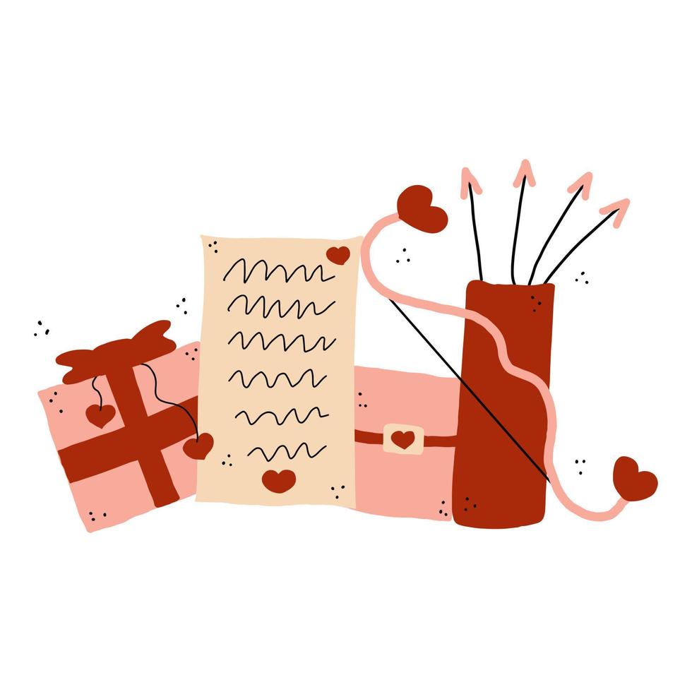 arco, flechas, carcaj, carta y regalo de san valentín. elementos decorativos para el diseño en estilo de dibujo a mano. ilustración vectorial vector