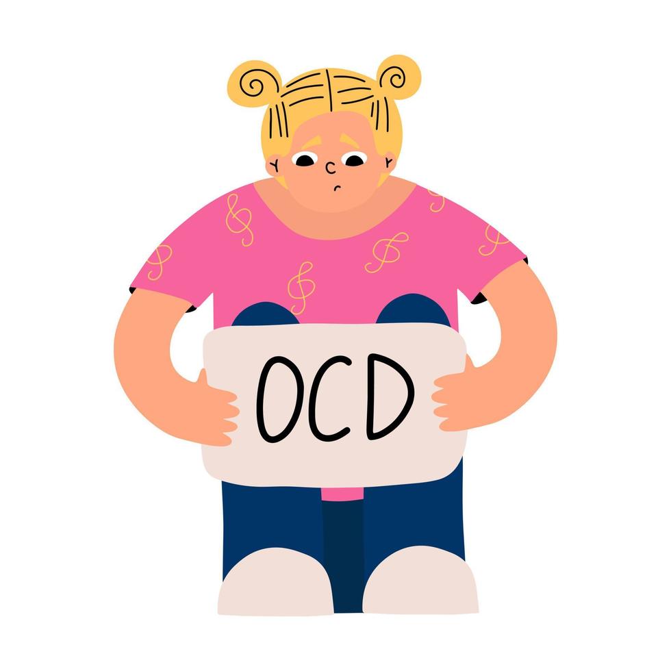 Little girl with obsessive-compulsive disorder. Children's mental health. Vector illustration in flat style