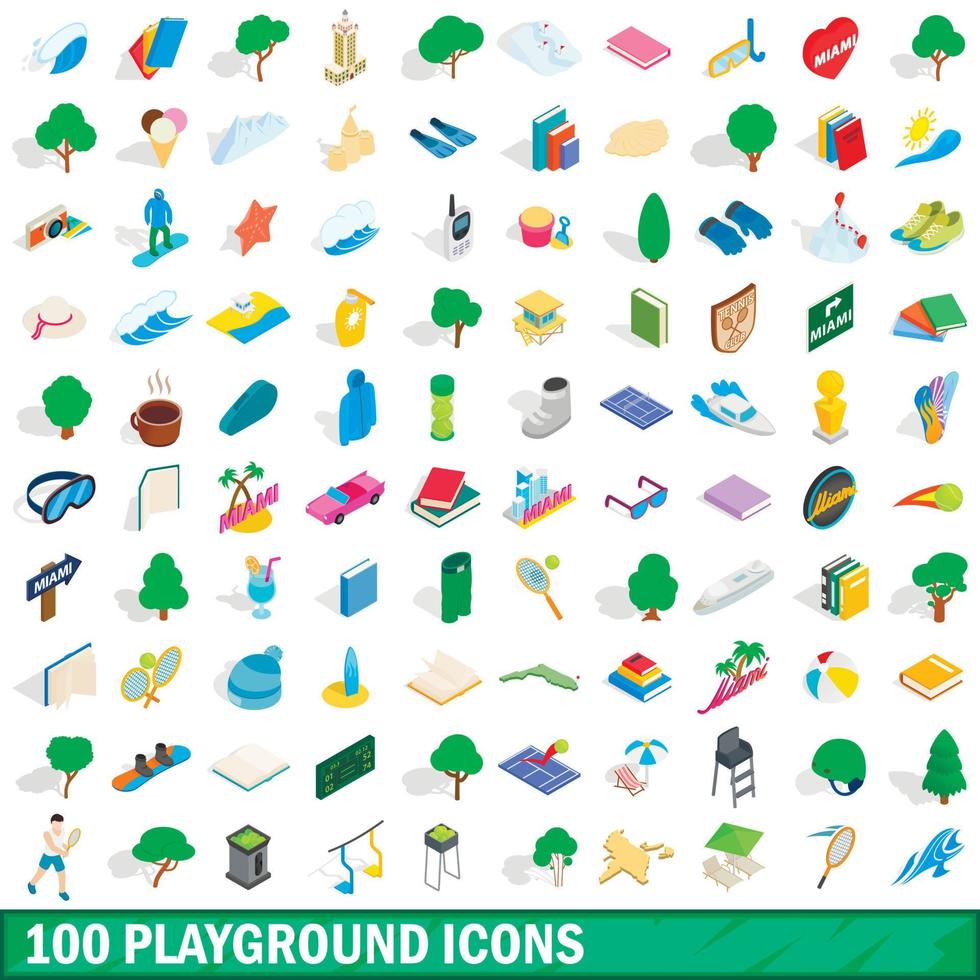 100 playground icons set, isometric 3d style vector