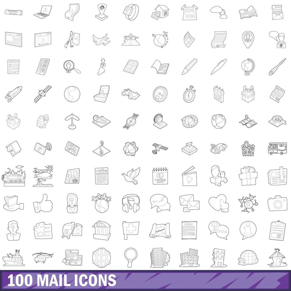 100 mail icons set, outline style vector