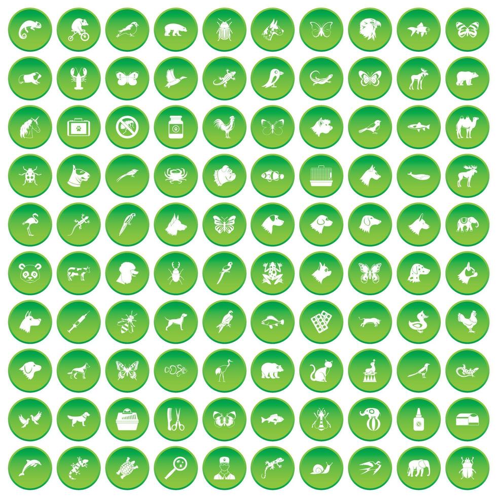 100 animals icons set green circle vector