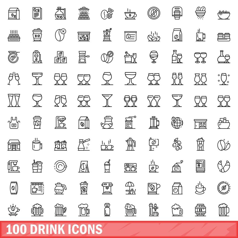 100 drink icons set, outline style vector