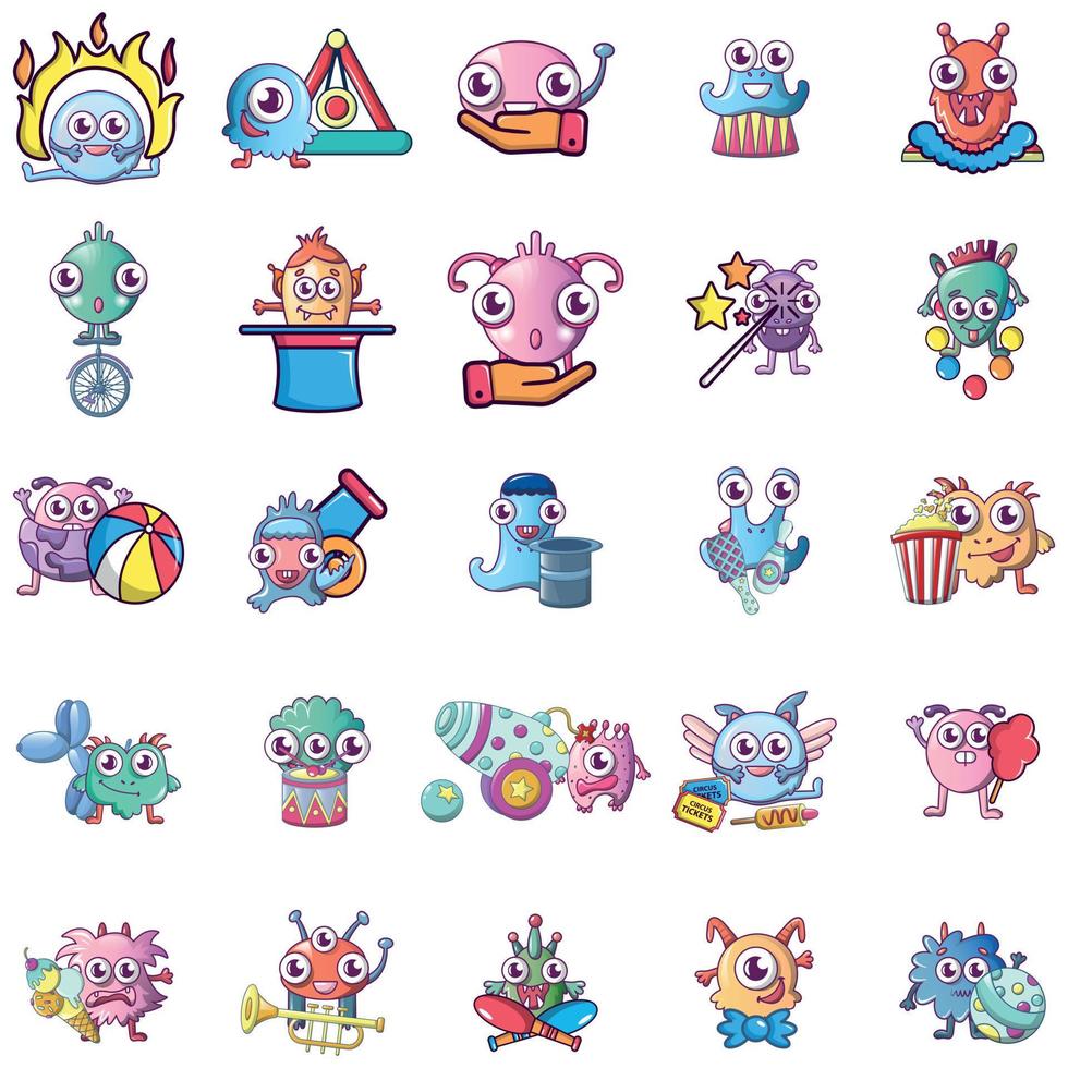 Circus monster icons set, cartoon style vector