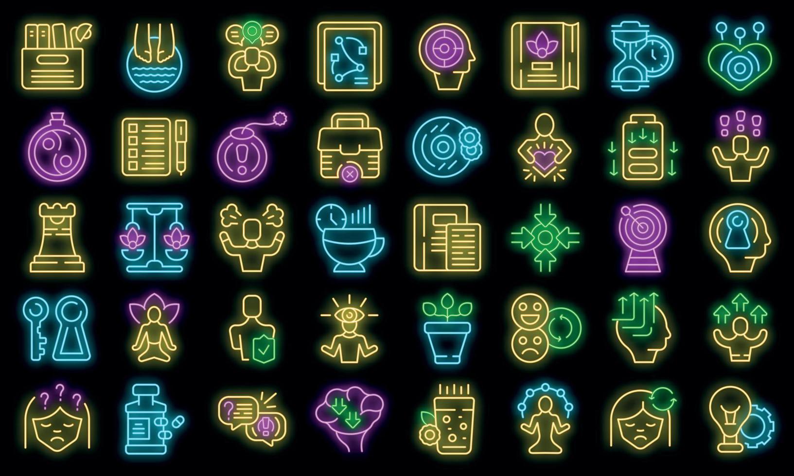 Stress reduction icons set outline vector. Anger balance vector neon