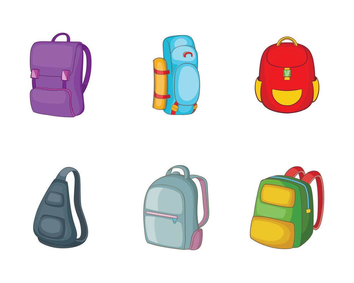 conjunto de iconos de mochila, estilo de dibujos animados vector