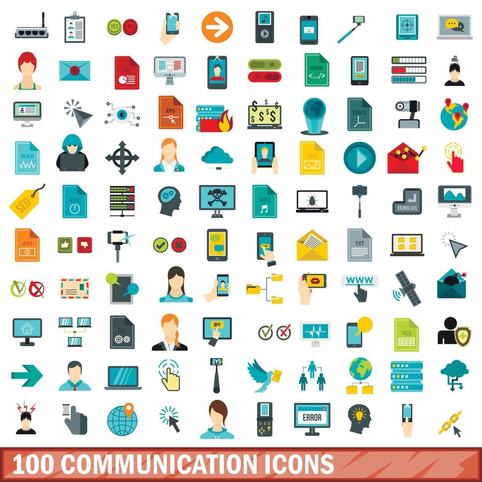 100 communication icons set, flat style vector