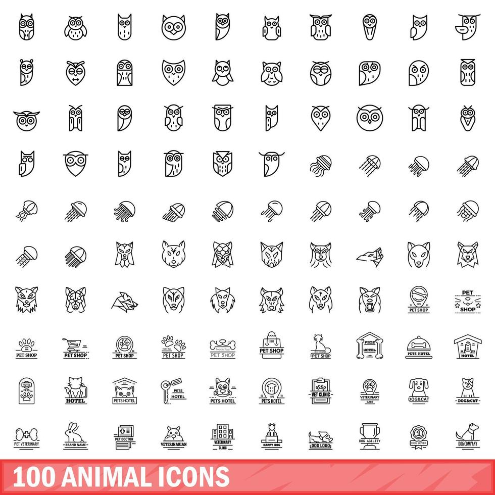 100 iconos de animales, estilo de esquema vector