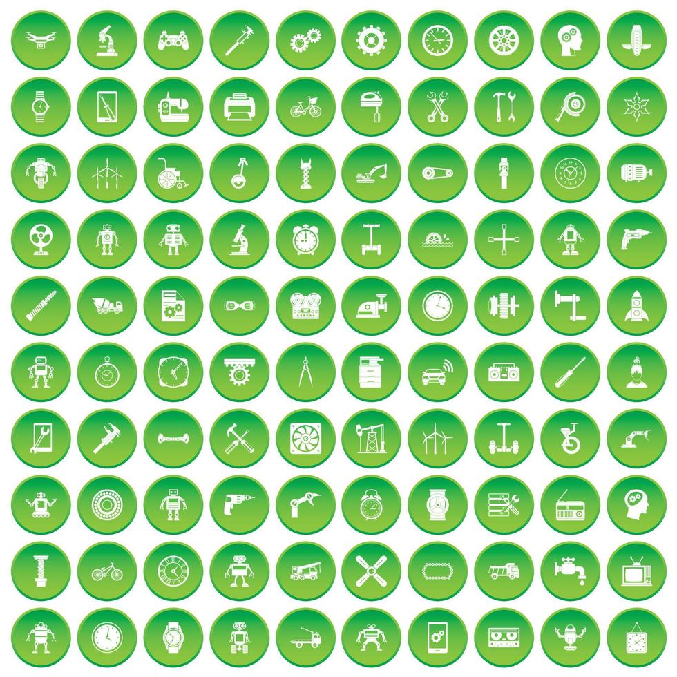 100 gear icons set green circle vector