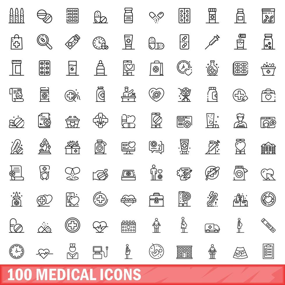 100 iconos médicos establecidos, estilo de contorno vector