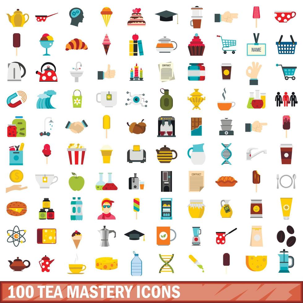 100 tea mastery icons set, flat style vector