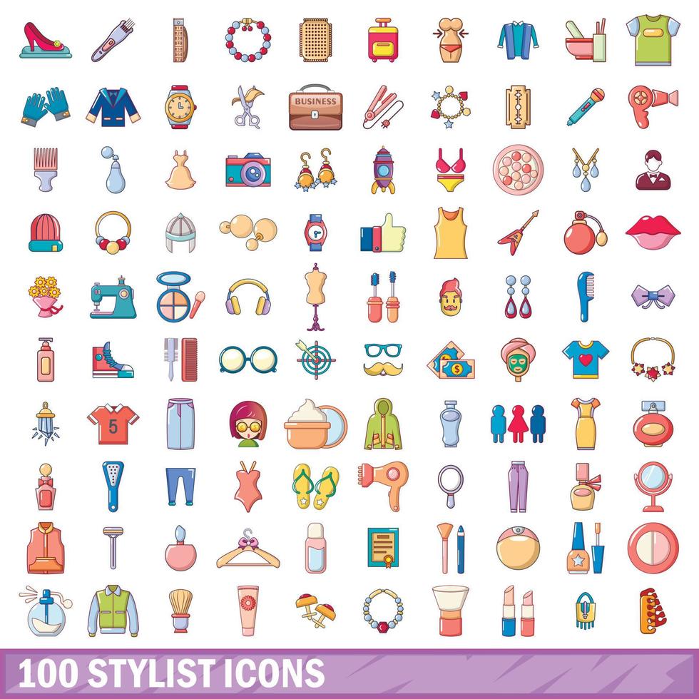 100 iconos de estilista, estilo de dibujos animados vector