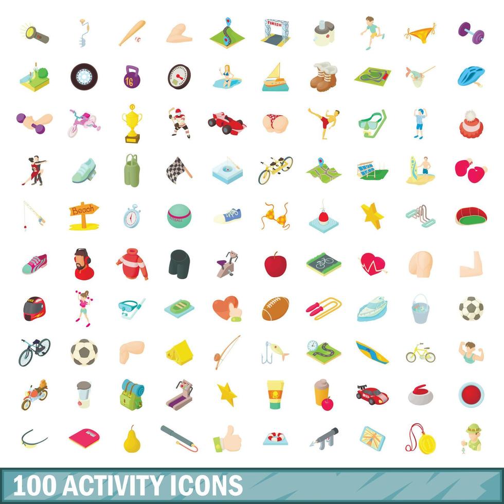 100 activity icons set, cartoon style vector