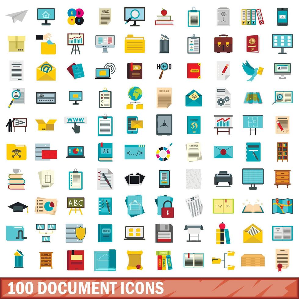 100 document icons set, flat style vector