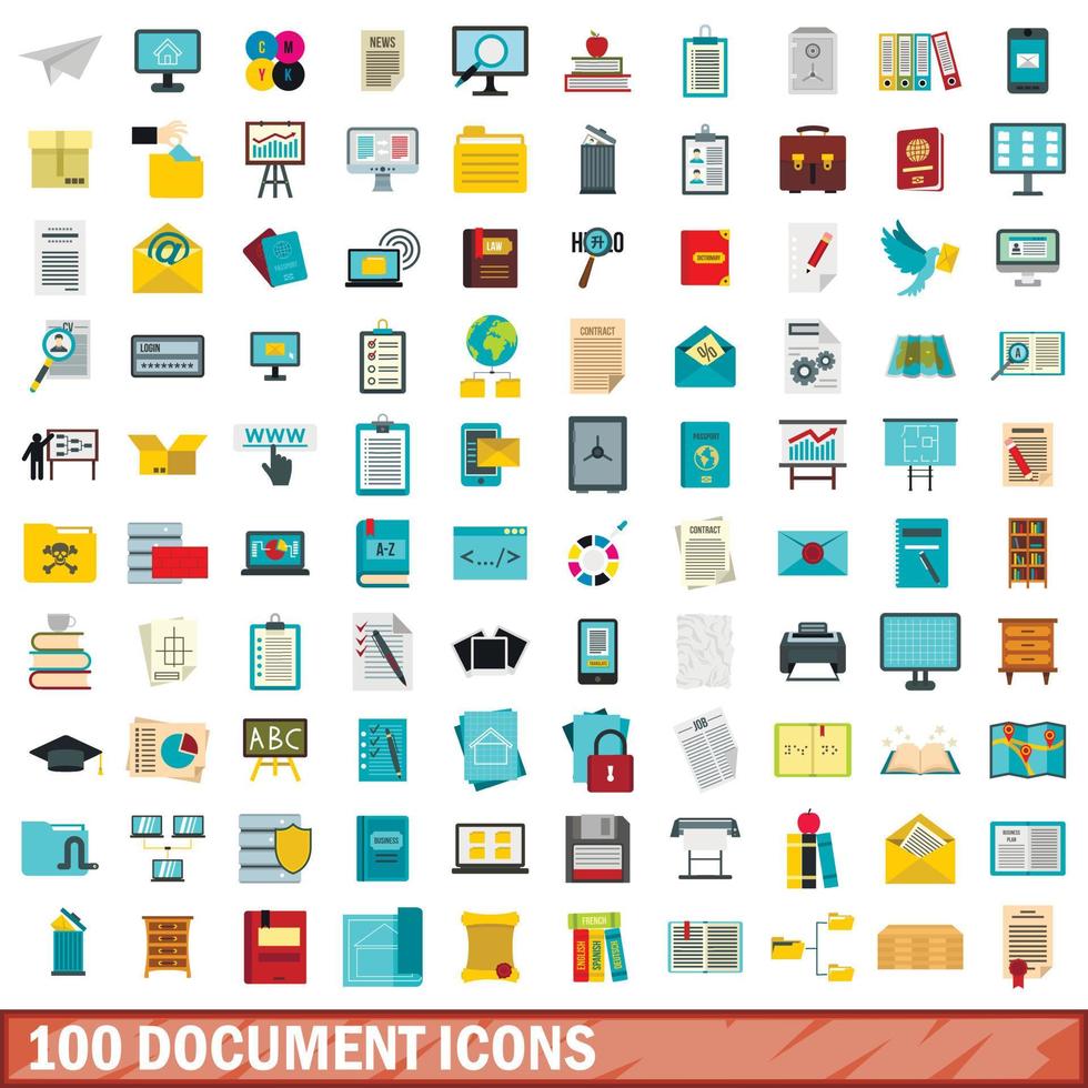 100 iconos de documentos establecidos, estilo plano vector